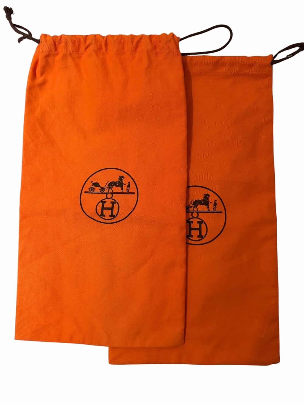 Authentic Hermès Orange Shoe Dust Bags Pair 8” x 14” Drawstring Storage Bags